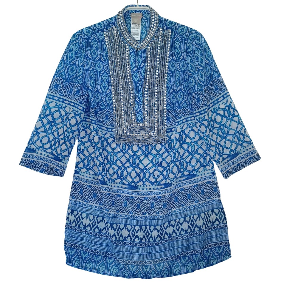 Chicos Seaside Scroll Tunic Ott Chiffon Kurta Kyoto Indigo Blue Beaded 2P New